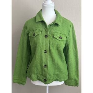 Chico’s Women’s Green Tweed Button Pocket Blazer Fringe Jacket - size 2